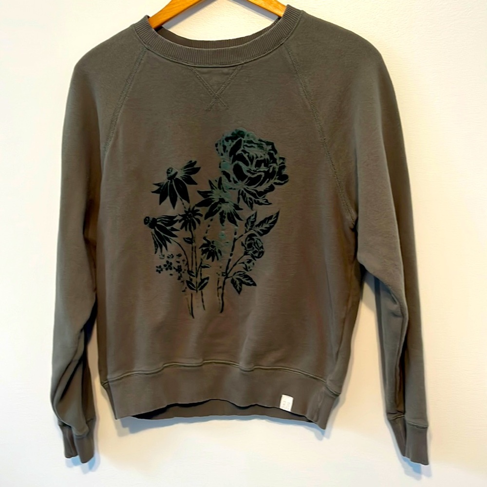 American Eagle Outfitters olive green crewneck sweatshirt velvet floral decal XS